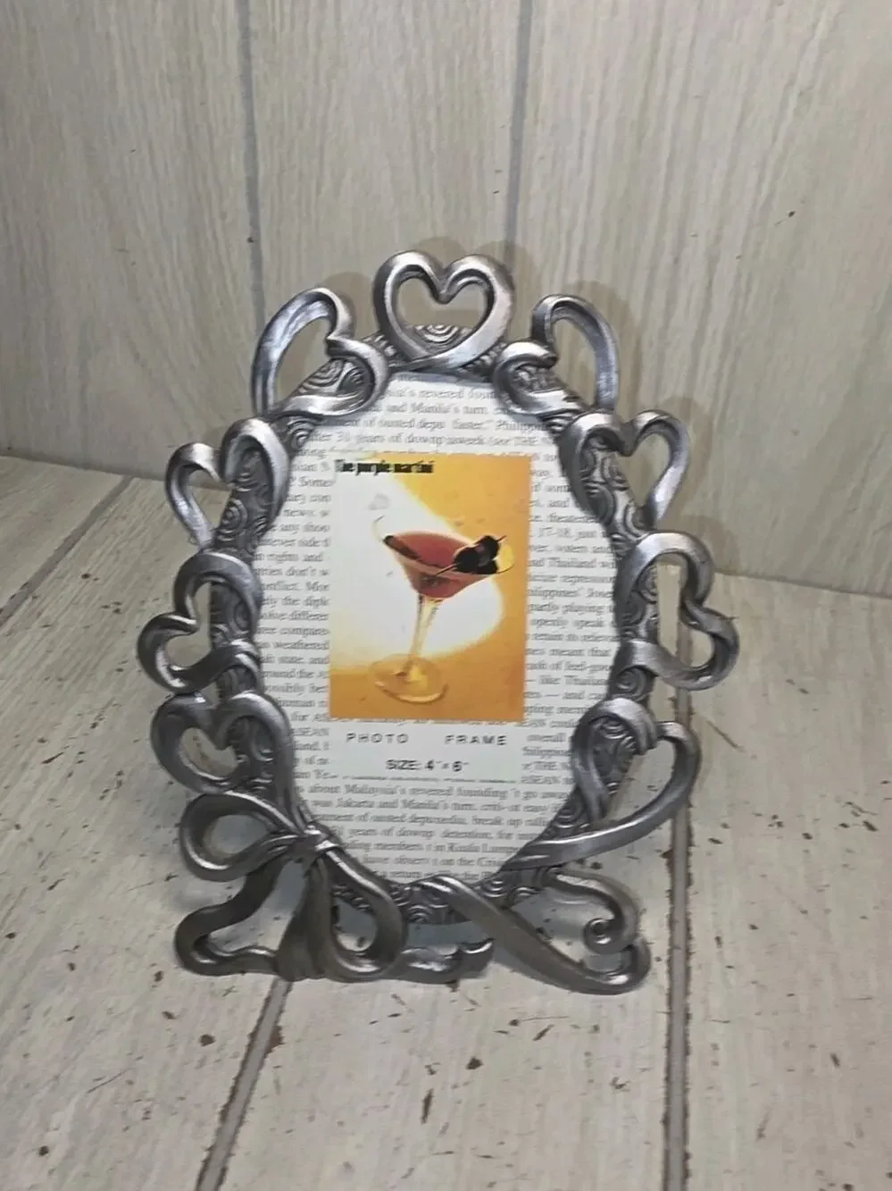 Vintage Pewter Multiple Heart & Bows Oval Picture Frame 4x6 Ornate Filigree